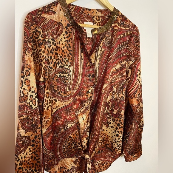 Chicos Fall Tone Paisley Sequin Collar Tie Front Satin Blouse - Picture 8 of 12